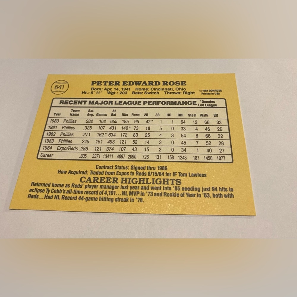Pete Rose 1985 Donruss Baseball Card # 641 Cincinnati Reds Vintage Collectible - Picture 2 of 3